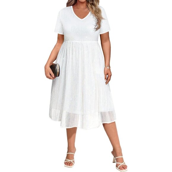 Plus Size Sequin Dress Women V Neck Short Sleeve Party Formal Summer - Picture 1 of 5